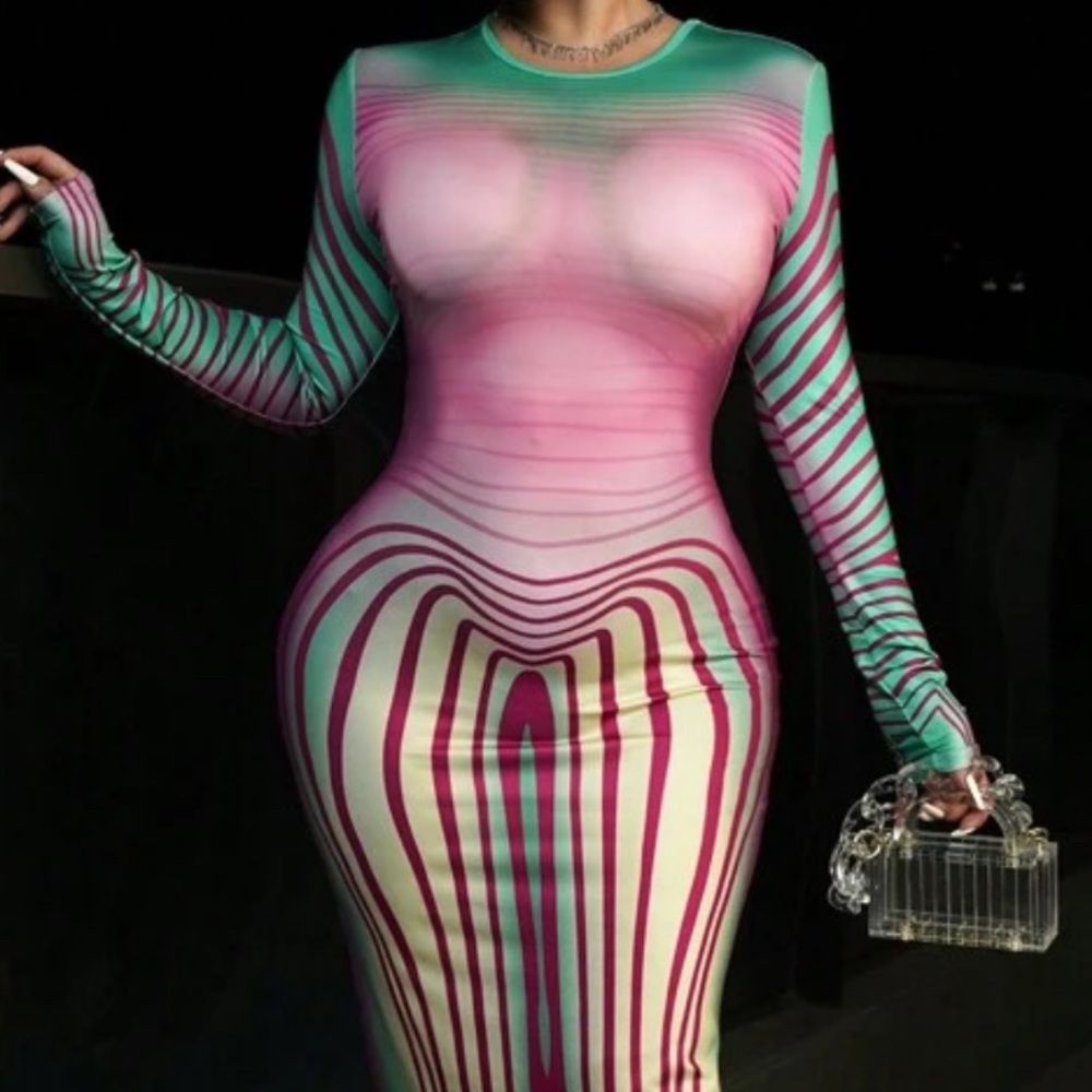 SHEIN Vibrant Pink and Green Long Sleeve Dress